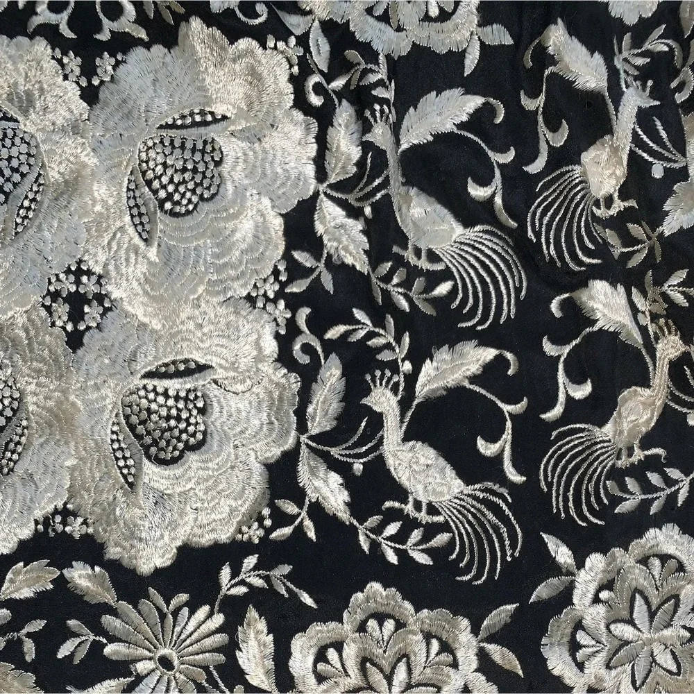 Antique Black Ivory Silk Floral w Peacocks Embroidered Manila Fashion Shawl READ